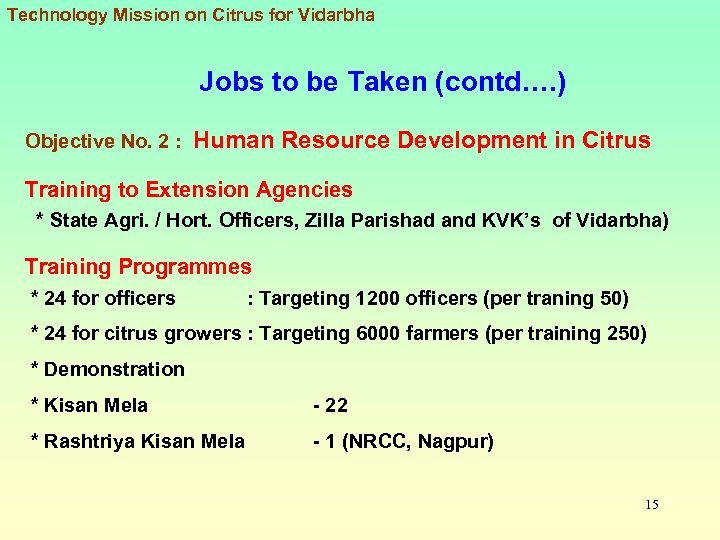 Technology Mission on Citrus for Vidarbha Jobs to be Taken (contd…. ) Objective No.