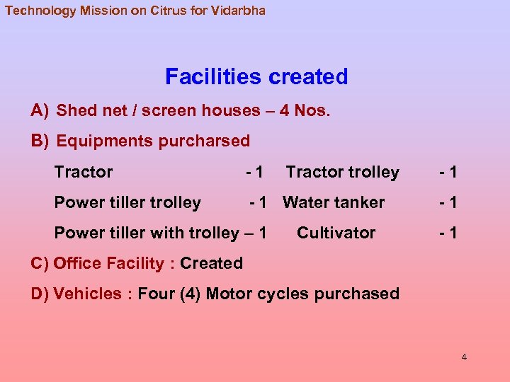 Technology Mission on Citrus for Vidarbha Facilities created A) Shed net / screen houses