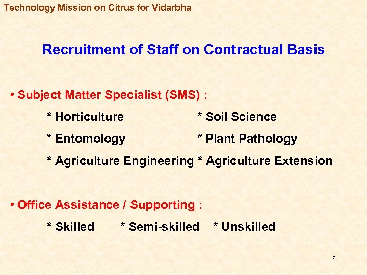 Technology Mission on Citrus for Vidarbha Recruitment of Staff on Contractual Basis • Subject