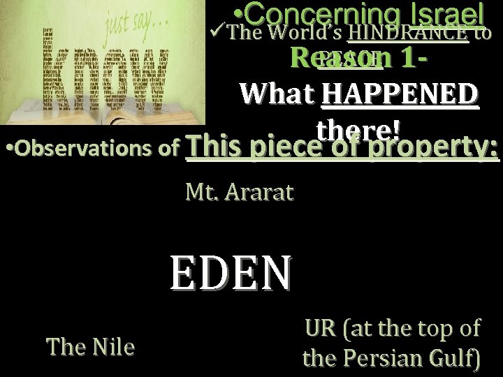  • Concerning Israel üThe World’s HINDRANCE to PEACE Reason 1 What HAPPENED there!