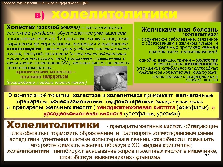 Кафедра фармакологии и клинической фармакологии ДМА в) холелитолитики Холестаз (застой желчи) – патологическое состояние