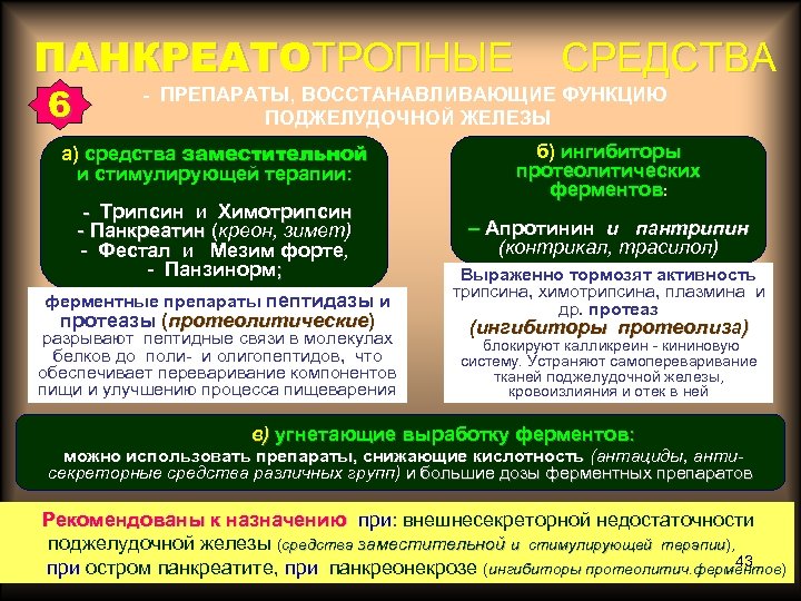 ПАНКРЕАТОТРОПНЫЕ СРЕДСТВА 6 - ПРЕПАРАТЫ, ВОССТАНАВЛИВАЮЩИЕ ФУНКЦИЮ ПОДЖЕЛУДОЧНОЙ ЖЕЛЕЗЫ а) средства заместительной и стимулирующей