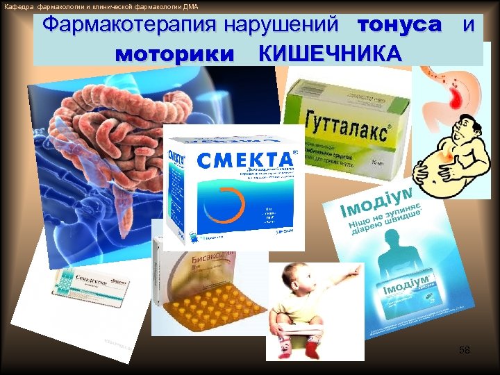 Кафедра фармакологии и клинической фармакологии ДМА Фармакотерапия нарушений тонуса и моторики КИШЕЧНИКА 58 