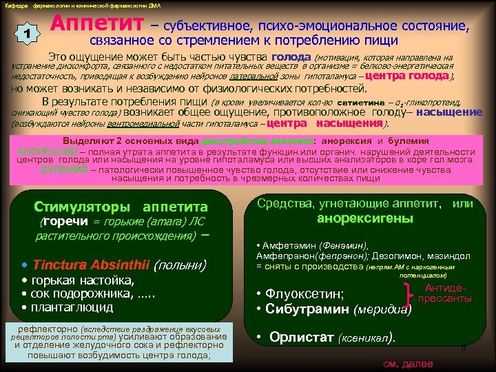 Кафедра фармакологии и клинической фармакологии ДМА 1 Аппетит – субъективное, психо-эмоциональное состояние, связанное со