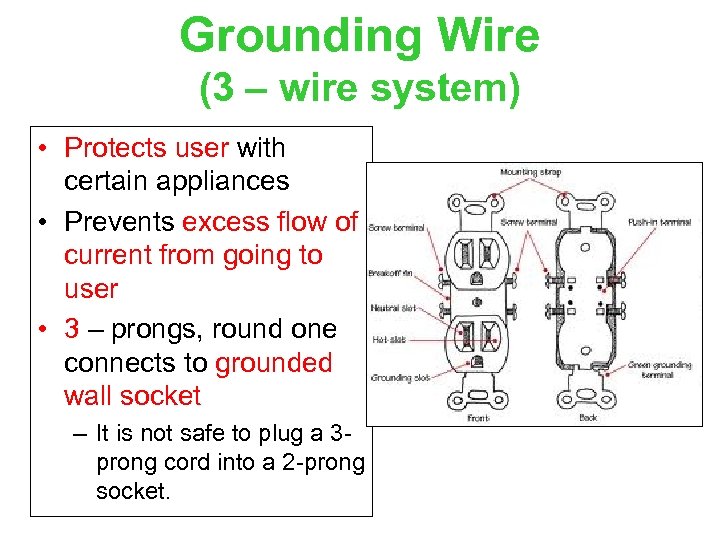 Grounding Wire (3 – wire system) • Protects user with certain appliances • Prevents