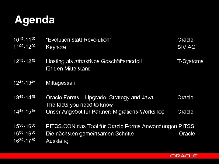 Agenda 1015 -1100 -1200 “Evolution statt Revolution” Keynote Oracle SIV. AG 1215 -1245 Hosting