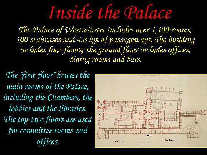 Inside the Palace The Palace of Westminster includes over 1, 100 rooms, 100 staircases