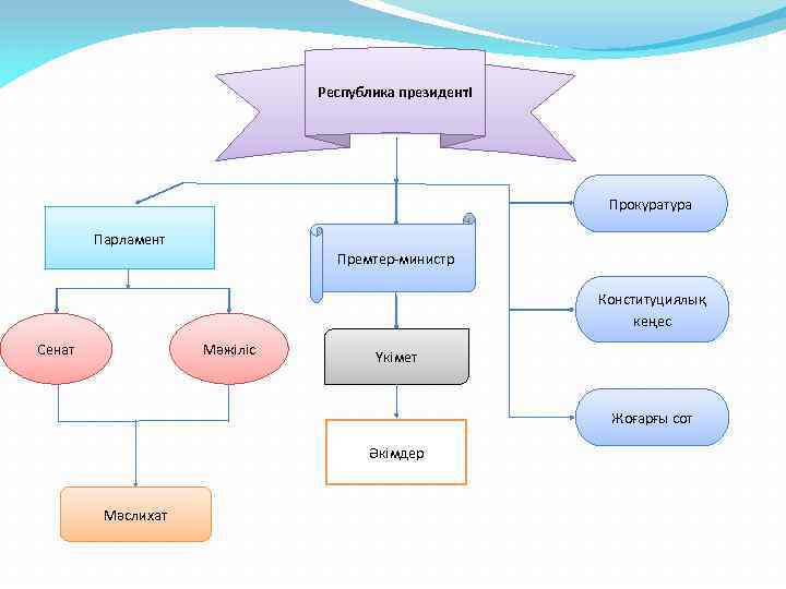 Республика президенті Прокуратура Парламент Премтер-министр Конституциялық кеңес Мәжіліс Сенат Үкімет Жоғарғы сот Әкімдер Мәслихат