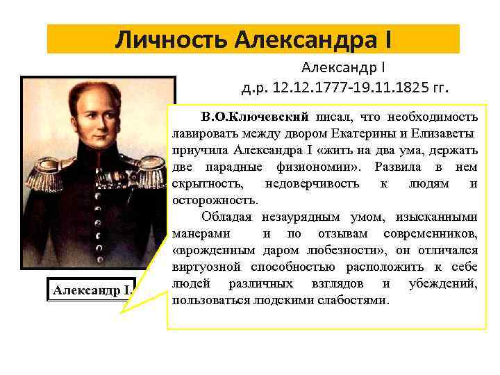 Личность Александра I Александр I д. р. 12. 1777 -19. 11. 1825 гг. Александр