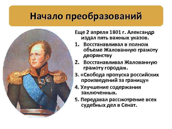 Начало преобразований Еще 2 апреля 1801 г. Александр издал пять важных указов. 1. Восстанавливал