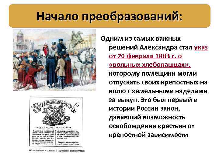 Начало преобразований: Одним из самых важных решений Александра стал указ от 20 февраля 1803
