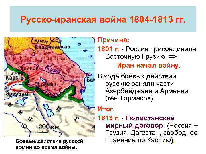 Русско-иранская война 1804 -1813 гг. Причина: 1801 г. - Россия присоединила Восточную Грузию. =>