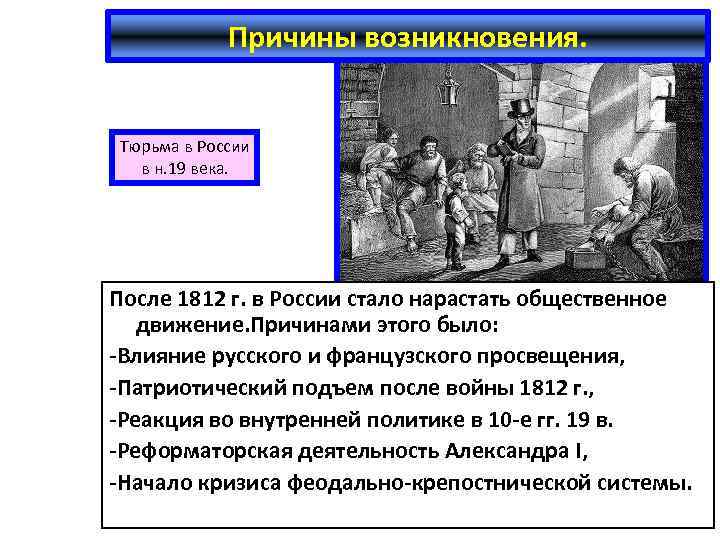 Причины возникновения. Тюрьма в России в н. 19 века. После 1812 г. в России