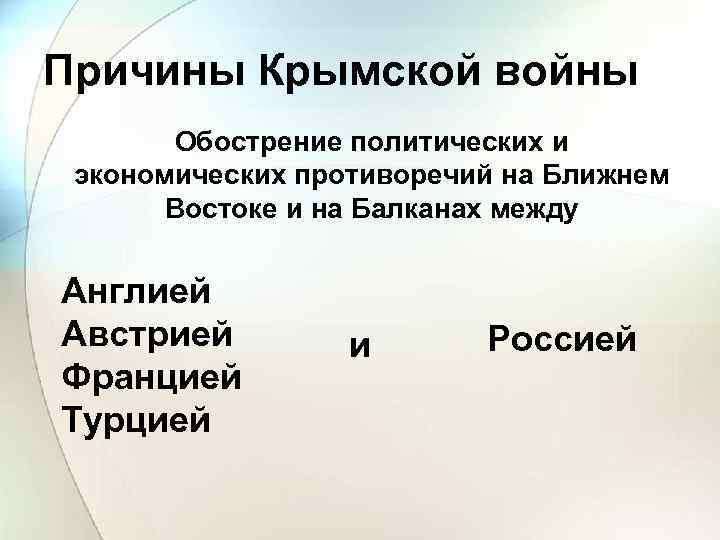 Причины Крымской войны Обострение политических и экономических противоречий на Ближнем Востоке и на Балканах