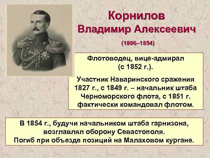 Корнилов Владимир Алексеевич (1806– 1854) Флотоводец, вице-адмирал (с 1852 г. ). Участник Наваринского сражения