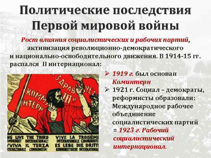 Политические последствия Первой мировой войны Рост влияния социалистических и рабочих партий, партий активизация революционно-демократического