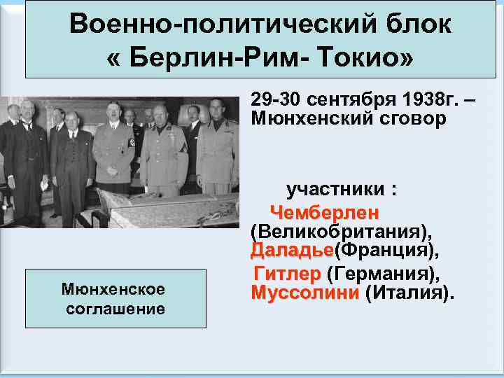 Военно-политический блок « Берлин-Рим- Токио» • 29 -30 сентября 1938 г. – Мюнхенский сговор