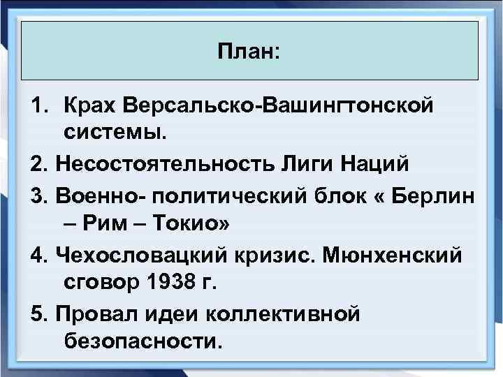 План: 1. Крах Версальско-Вашингтонской системы. 2. Несостоятельность Лиги Наций 3. Военно- политический блок «