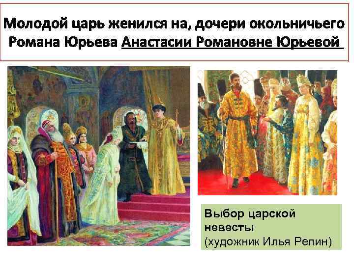 Молодой царь женился на, дочери окольничьего Романа Юрьева Анастасии Романовне Юрьевой Выбор царской невесты