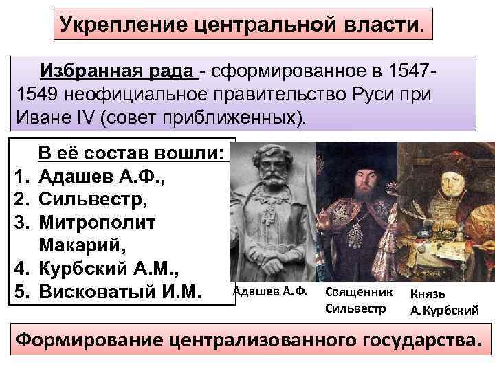 Укрепление центральной власти. Избранная рада - сформированное в 15471549 неофициальное правительство Руси при Иване