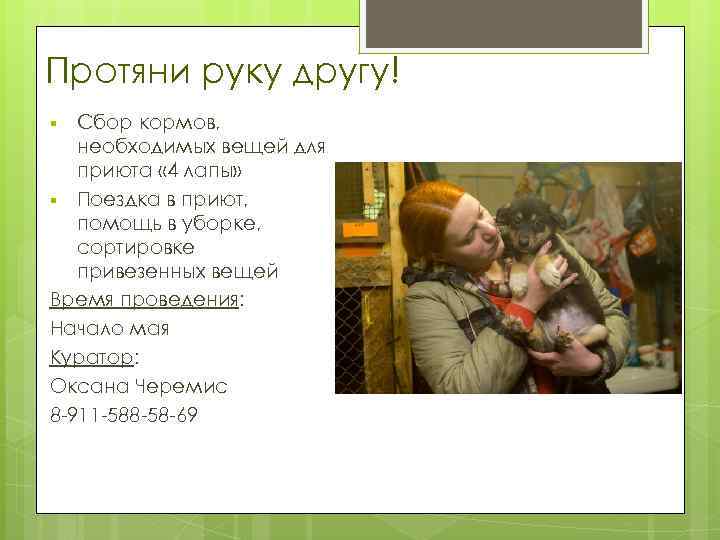 Протяни руку другу! Сбор кормов, необходимых вещей для приюта « 4 лапы» § Поездка