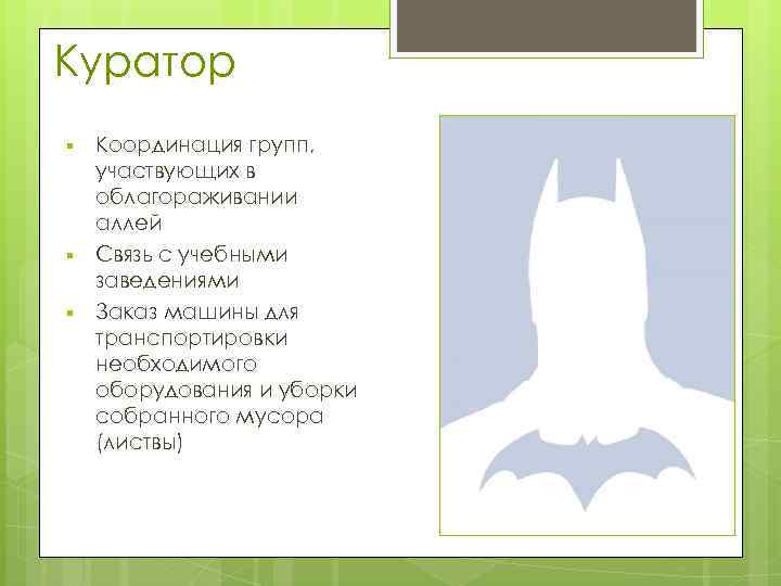 Куратор § § § Координация групп, участвующих в облагораживании аллей Связь с учебными заведениями