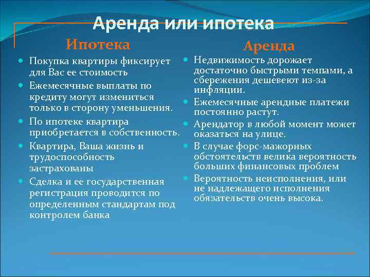 Аренда или ипотека Ипотека Покупка квартиры фиксирует для Вас ее стоимость Ежемесячные выплаты по