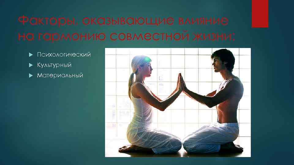 Факторы, оказывающие влияние на гармонию совместной жизни: Психологический Культурный Материальный 