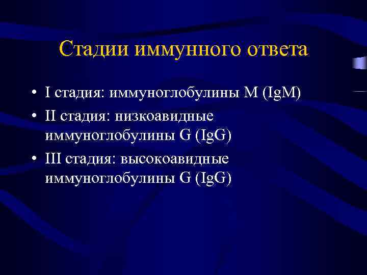 Стадии иммунного ответа • I стадия: иммуноглобулины M (Ig. M) • II стадия: низкоавидные