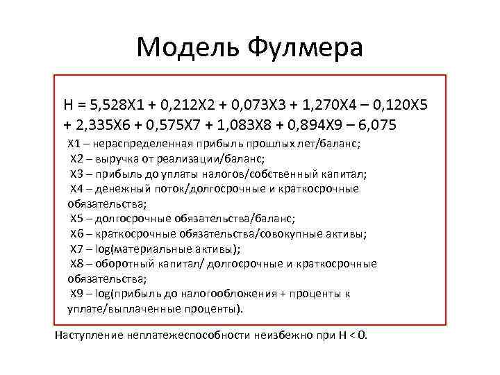 Модель Фулмера H = 5, 528 Х 1 + 0, 212 Х 2 +