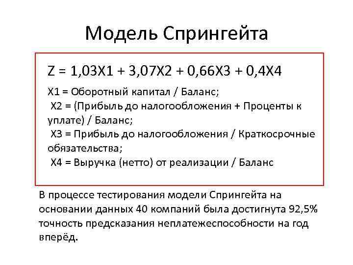 Модель Спрингейта Z = 1, 03 X 1 + 3, 07 X 2 +