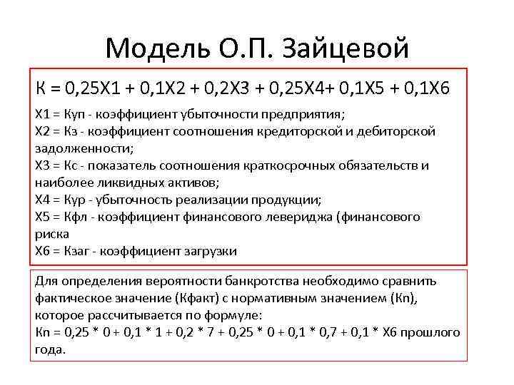 Модель зайцевой вероятность банкротства. Шестифакторная модель о.п Зайцевой. Модель оценки банкротства Зайцевой. Модель Зайцевой банкротство формула.