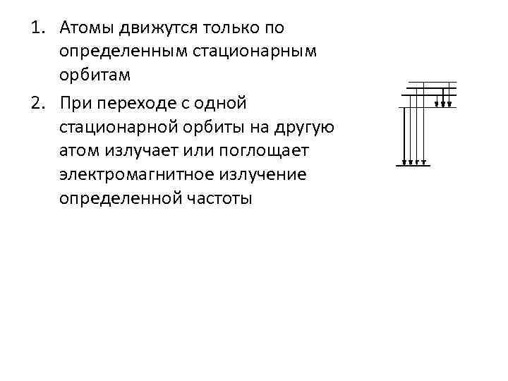 1. Атомы движутся только по определенным стационарным орбитам 2. При переходе с одной стационарной