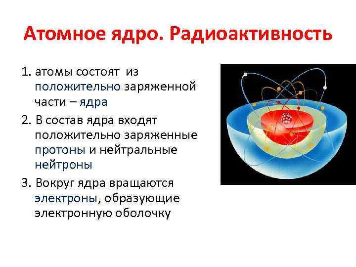 Атомное ядро. Радиоактивность 1. атомы состоят из положительно заряженной части – ядра 2. В