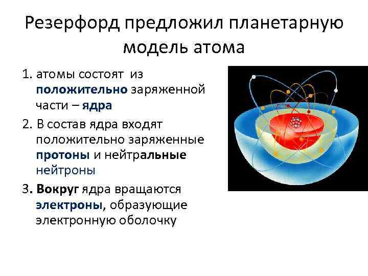 Резерфорд предложил планетарную модель атома 1. атомы состоят из положительно заряженной части – ядра