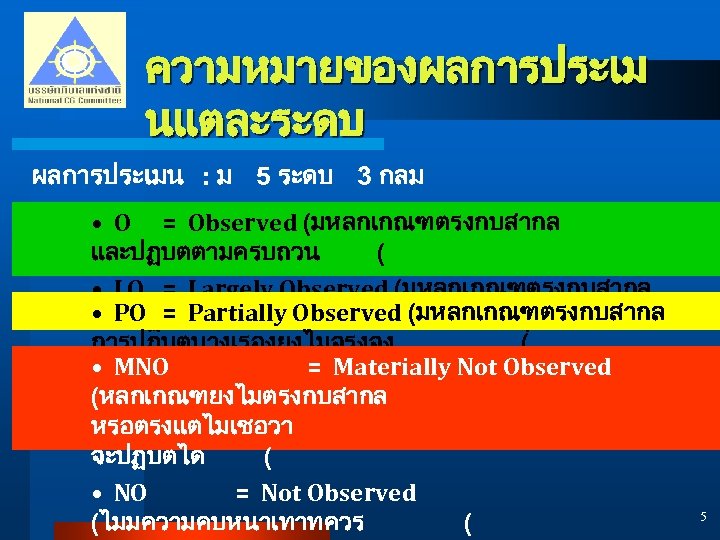 ความหมายของผลการประเม นแตละระดบ ผลการประเมน : ม 5 ระดบ 3 กลม • O = Observed (มหลกเกณฑตรงกบสากล