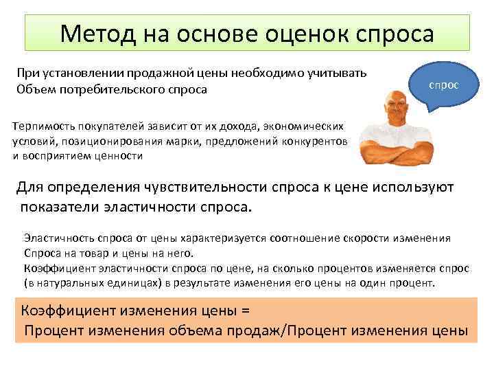 Метод на основе оценок спроса При установлении продажной цены необходимо учитывать Объем потребительского спроса