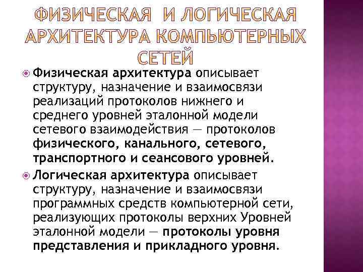  Физическая архитектура описывает структуру, назначение и взаимосвязи реализаций протоколов нижнего и среднего уровней