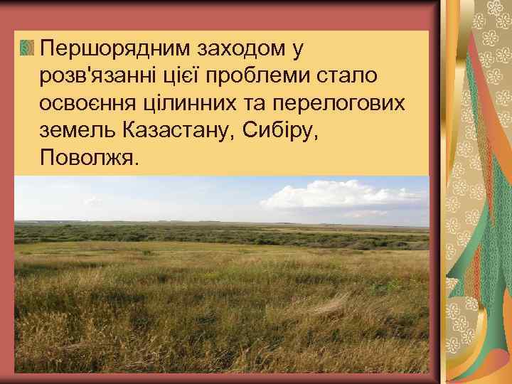 Першорядним заходом у розв'язанні цієї проблеми стало освоєння цілинних та перелогових земель Казастану, Сибіру,