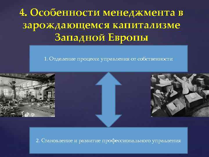 4. Особенности менеджмента в зарождающемся капитализме Западной Европы 1. Отделение процесса управления от собственности