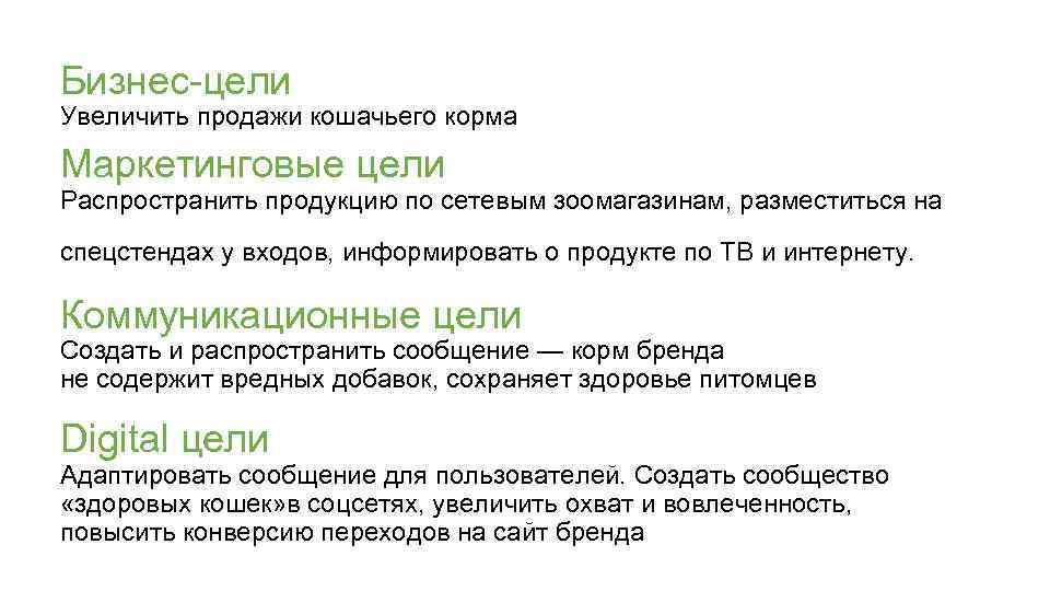 Бизнес-цели Увеличить продажи кошачьего корма Маркетинговые цели Распространить продукцию по сетевым зоомагазинам, разместиться на