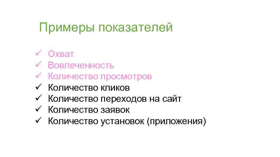 Примеры показателей ü ü ü ü Охват Вовлеченность Количество просмотров Количество кликов Количество переходов