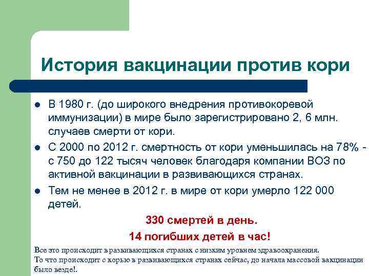 История вакцинации против кори l l l В 1980 г. (до широкого внедрения противокоревой