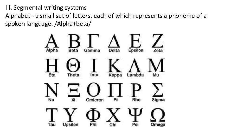 III. Segmental writing systems Alphabet - a small set of letters, each of which