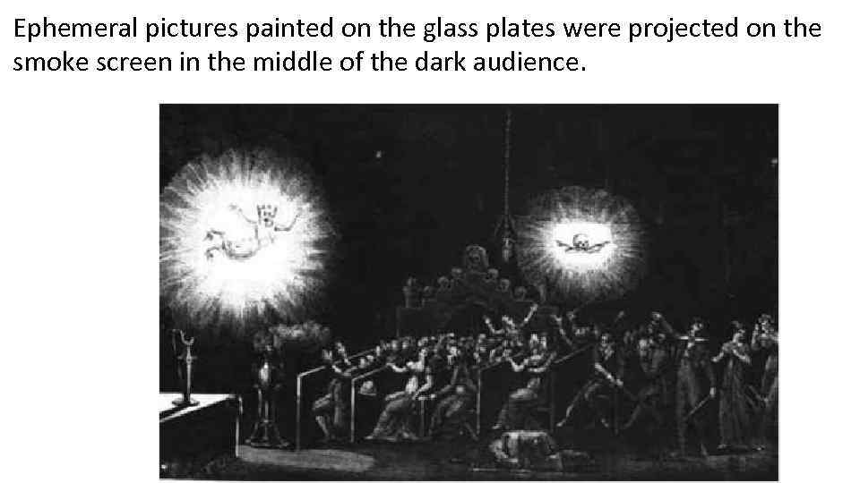 Ephemeral pictures painted on the glass plates were projected on the smoke screen in