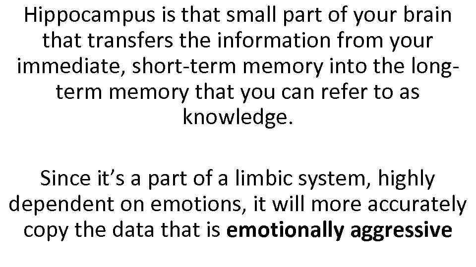 Hippocampus is that small part of your brain that transfers the information from your