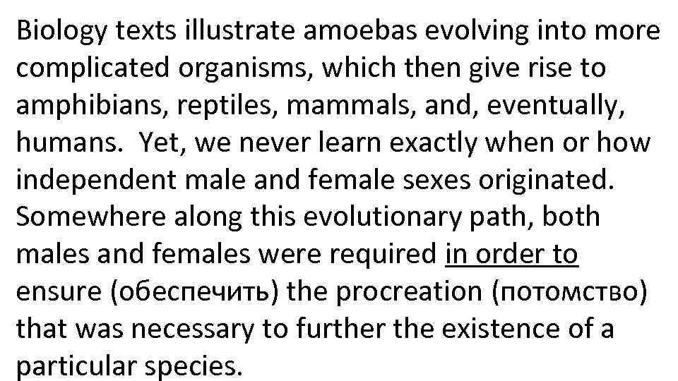 Biology texts illustrate amoebas evolving into more complicated organisms, which then give rise to