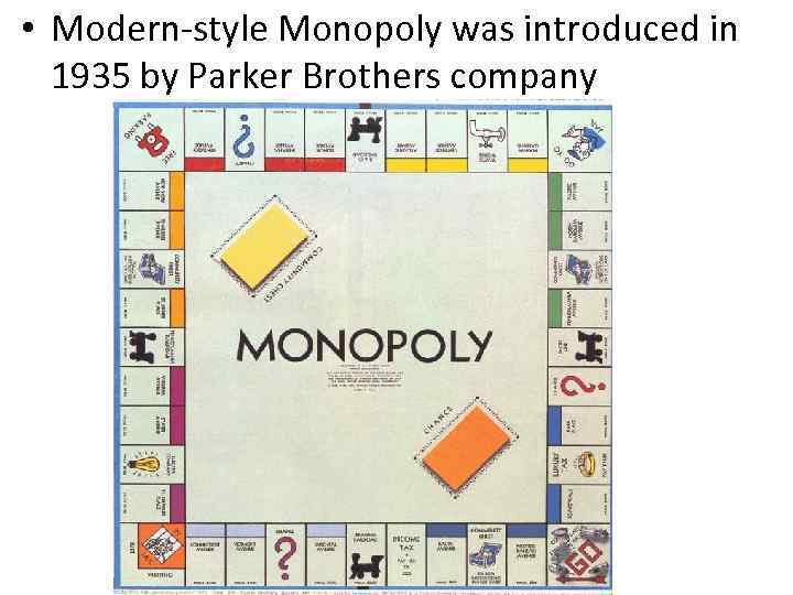  • Modern-style Monopoly was introduced in 1935 by Parker Brothers company 