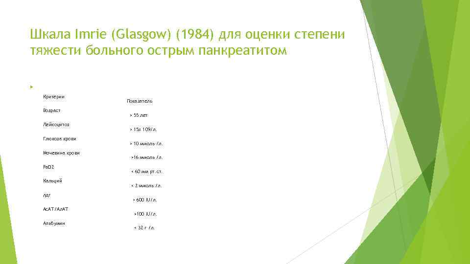 Шкала Imrie (Glasgow) (1984) для оценки степени тяжести больного острым панкреатитом Критерии Возраст Лейкоцитоз