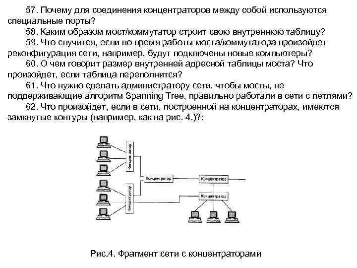 57. Почему для соединения концентраторов между собой используются специальные порты? 58. Каким образом мост/коммутатор